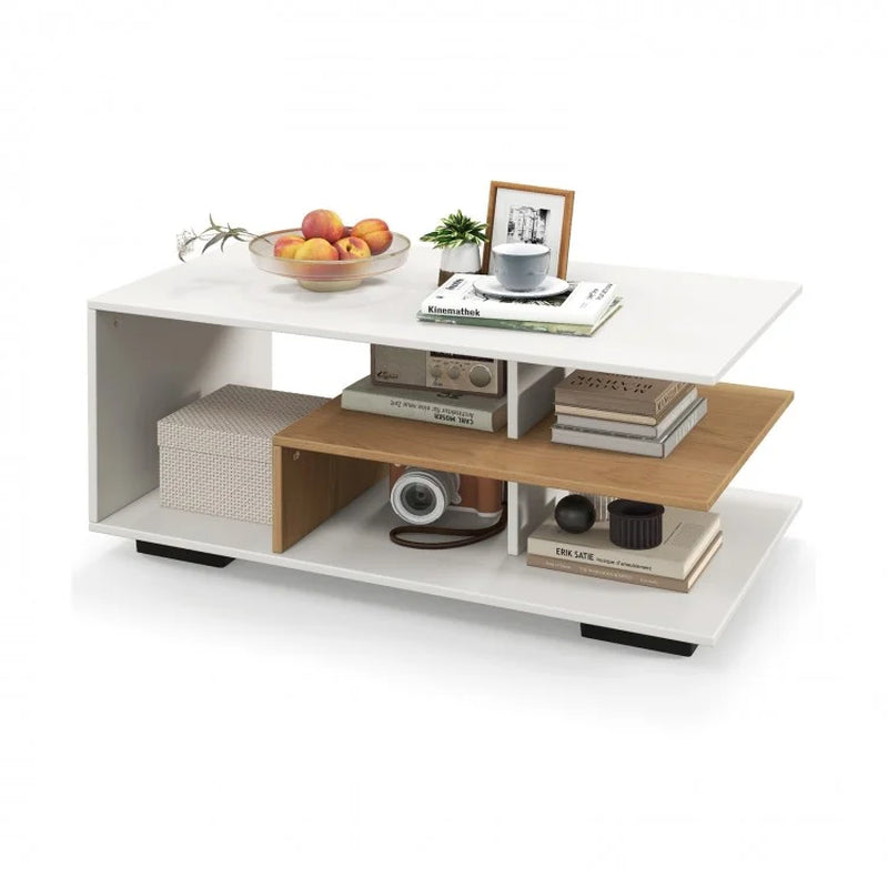 Rectangular Coffee Table Featuring L-Shaped Center Shelf