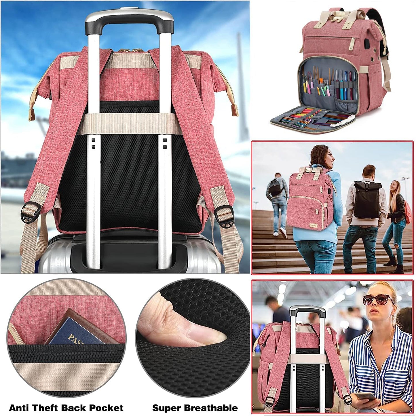 Crochet Backpack,Knitting Bag Backpack Yarn Storage Organizer Travel Crochet Bag with USB Charging Port,Large Yarn Tote Bag