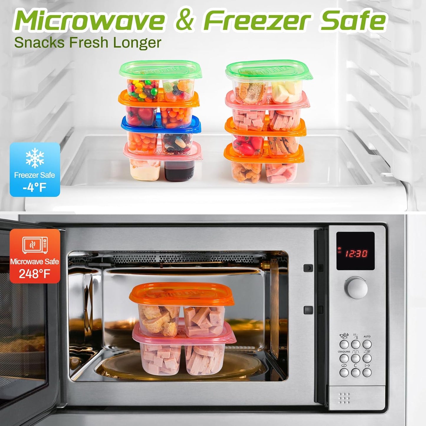 20Pcs Reusable Snack Containers with Lids,Double Compartment Snack Containers for Kids Adults, 10 Cute Forks,Bento Box-Lightweight and Stackable, Microwave, Refrigerator, Dishwasher Safe (4 Color)