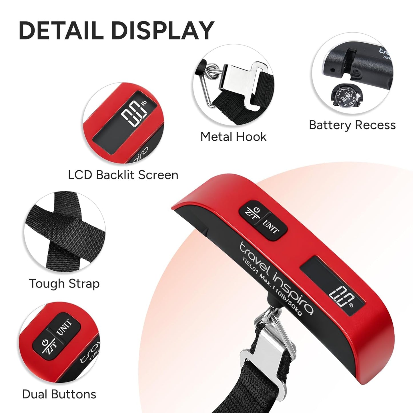 Digital Luggage Scale 110LB /50 KG with LCD Display,Overload Alarm Temperature Sensor-Red