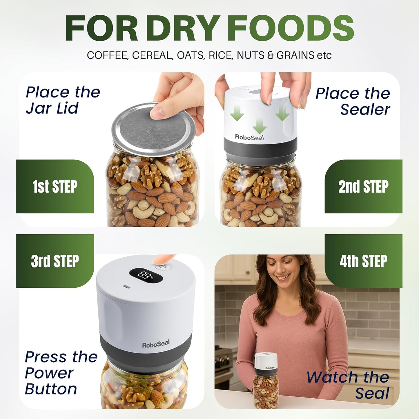 Roboseal Rechargeable Mason Jar Vacuum Sealer for Mason Jars Wide and Regular, One Touch Vacuum Sealer for Jars, 10 Lids Included, Digital Battery Indicator, as Seen on TV