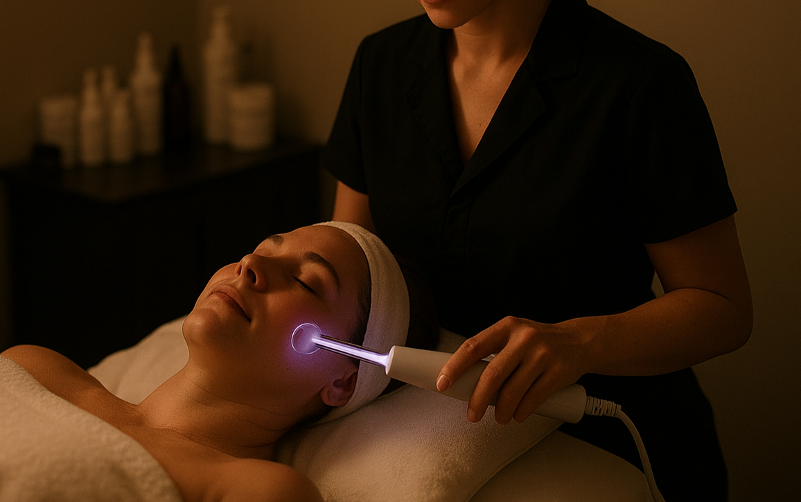 create an image of a person receiving a high frequency treatment and showing only one technician in the room in a dim light setting