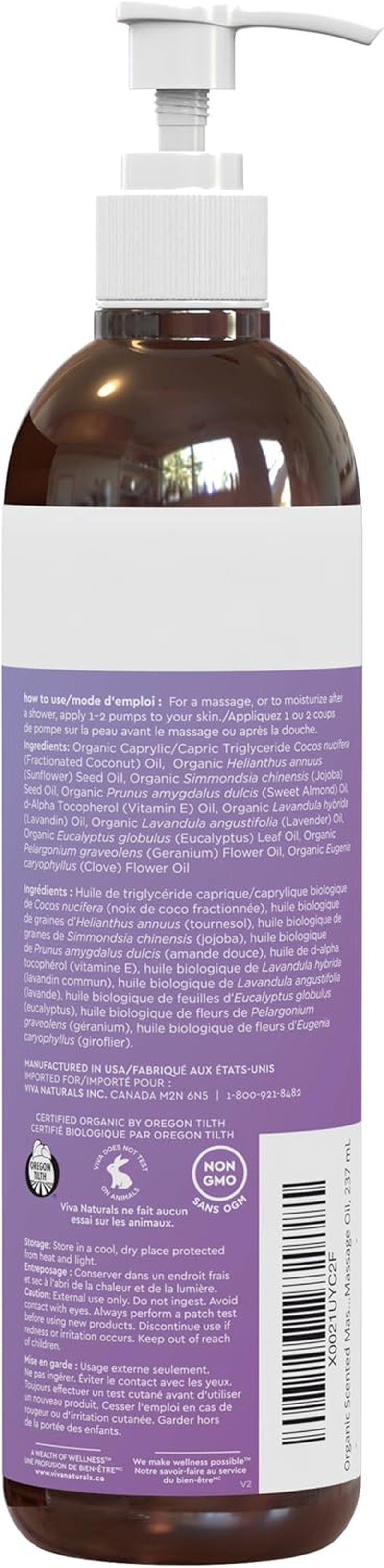 Organic Lavender Massage Oil (8 Fl. Oz.) - Mess-Free Pump, Non-GMO and Certified Organic, 237 Ml