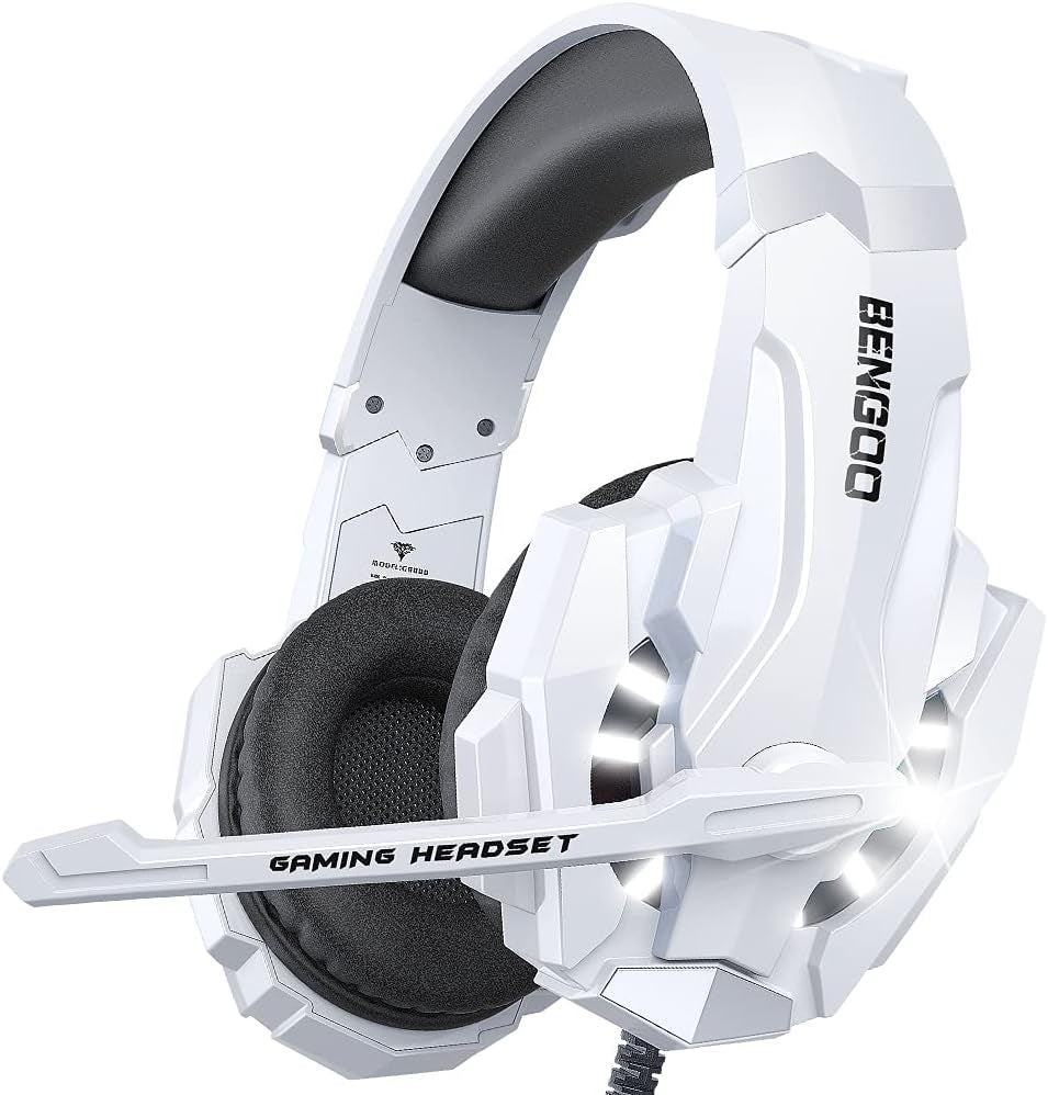 Pro Gaming Headset for PS4 PS5 PC Xbox One Controller, Noise Cancelling over Ear Headphones with Mic, LED Light, Bass Surround, Soft Memory Earmuffs for Laptop Mac - White
