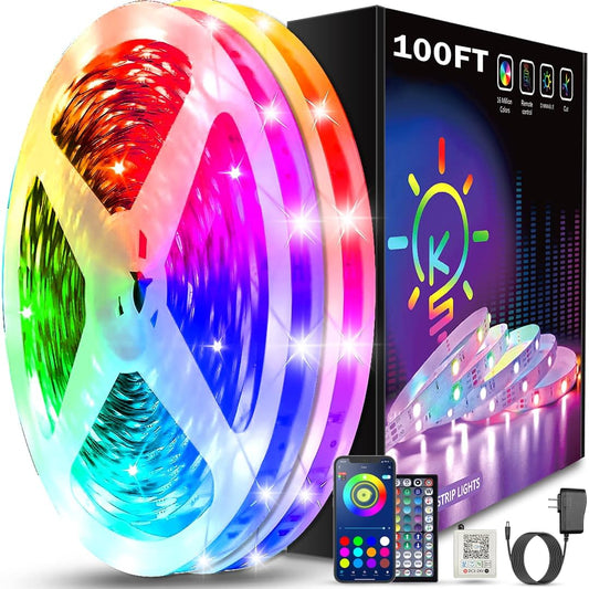 100Ft Led Strip Lights (2 Rolls of 50Ft) Bluetooth App Control Led Lights Strip with Remote Music Sync Color Changing RGB Led Lights for Bedroom Room Home Christmas Decor (Lumiere Led 30M)
