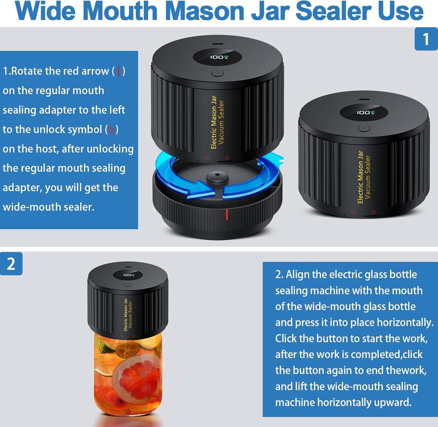 Electric Mason Jar Vacuum Sealer for Wide Mouth and Regular Mouth Mason Jars
