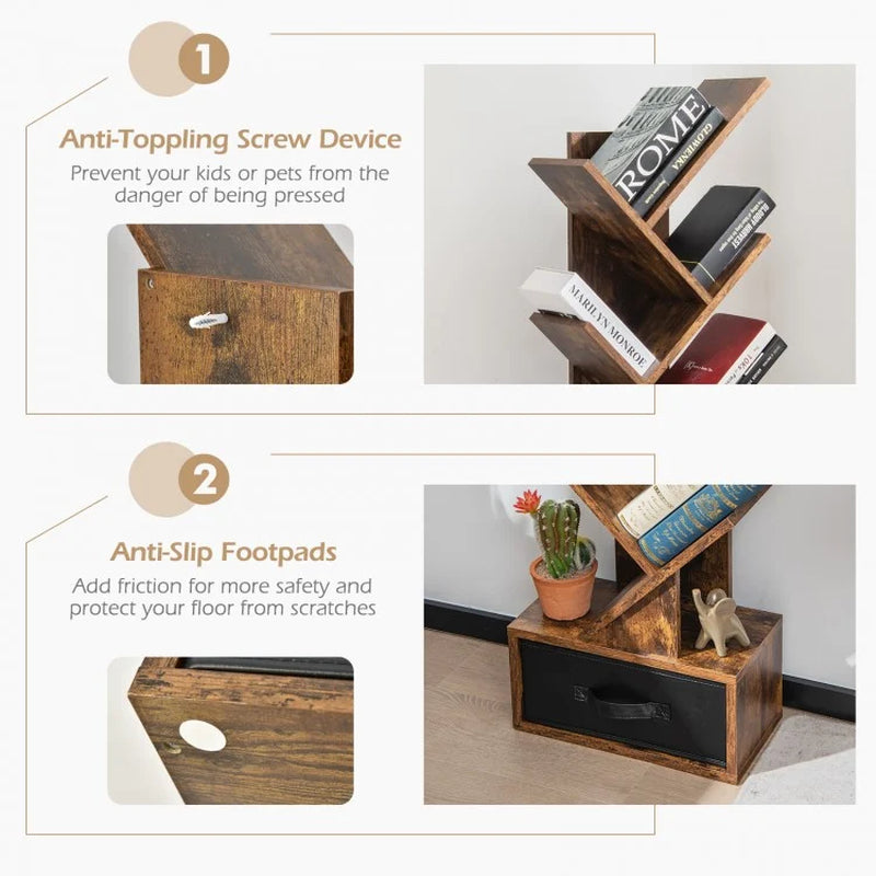 10-Tier Tree Bookshelf with Drawer Free-Standing Storage Bookcase