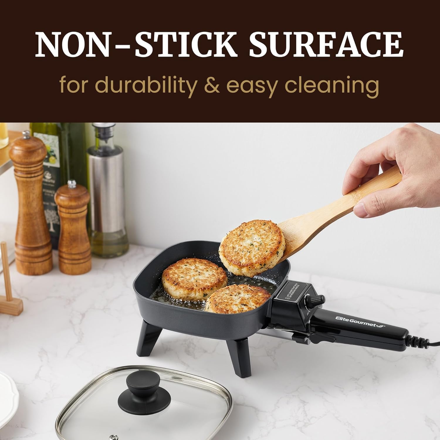 EFS059 Personal Electric Skillet, 7” Compact Portable Cooker, Adjustable Temperature, 600W Rapid Heating, Nonstick Surface, Tempered Glass Lid, Removable Handle, Black