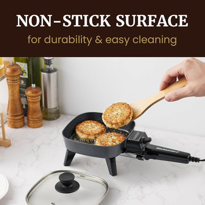 EFS059 Personal Electric Skillet, 7” Compact Portable Cooker, Adjustable Temperature, 600W Rapid Heating, Nonstick Surface, Tempered Glass Lid, Removable Handle, Black