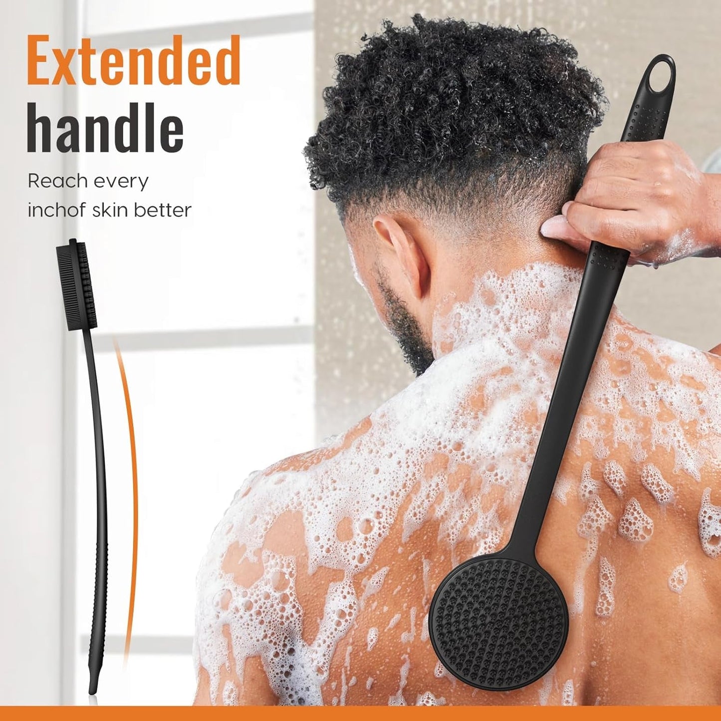 Silicone Back Scrubber for Shower -17In Long Handle Body Brush, Double Sided Shower Brush for Exfoliating and Massage Long Handle