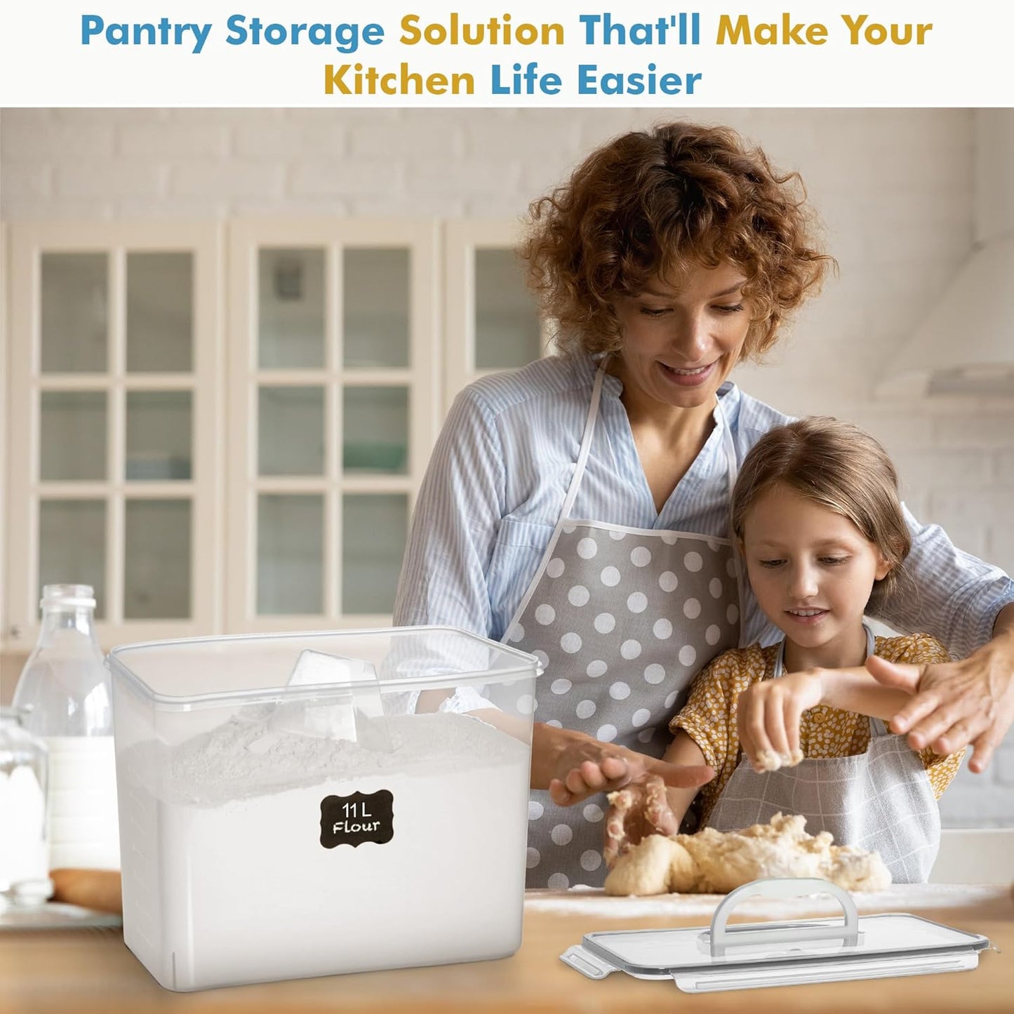 2 PC (11L | 372 Oz) Flour Sugar Storage Containers with Easy Carry Handle - Plastic Extra Large Food Storage Containers with Lids, BPA Free Airtight Kitchen Canister Set for Rice, Cereal & Pasta