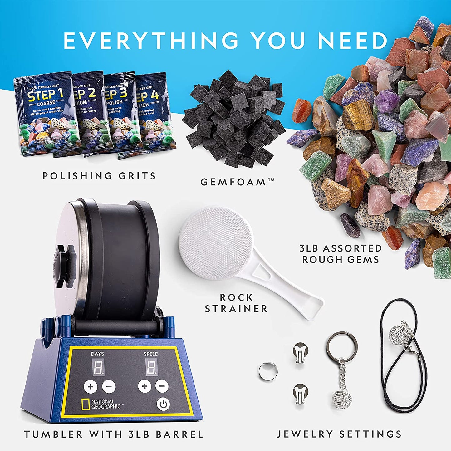 NATIONAL GEOGRAPHIC Rock Tumbler Kit - 1.36 Kg Extra Large Capacity Barrel with 3-Speed Motor & 9-Day Timer, Includes Rocks for Tumbling & Rock Polisher Grit, Rock Tumbler Kit for Adults and Kids
