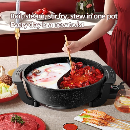 AORAN 6L Electric Hot Pot, Non-Stick Smokeless Cooking Pot with Divider for Hot Pot, Fondue, Shabu Shabu, Multi-Function, Includes Ladle, Tongs, Oil Brush, Food Tongs, Easy to Clean Black