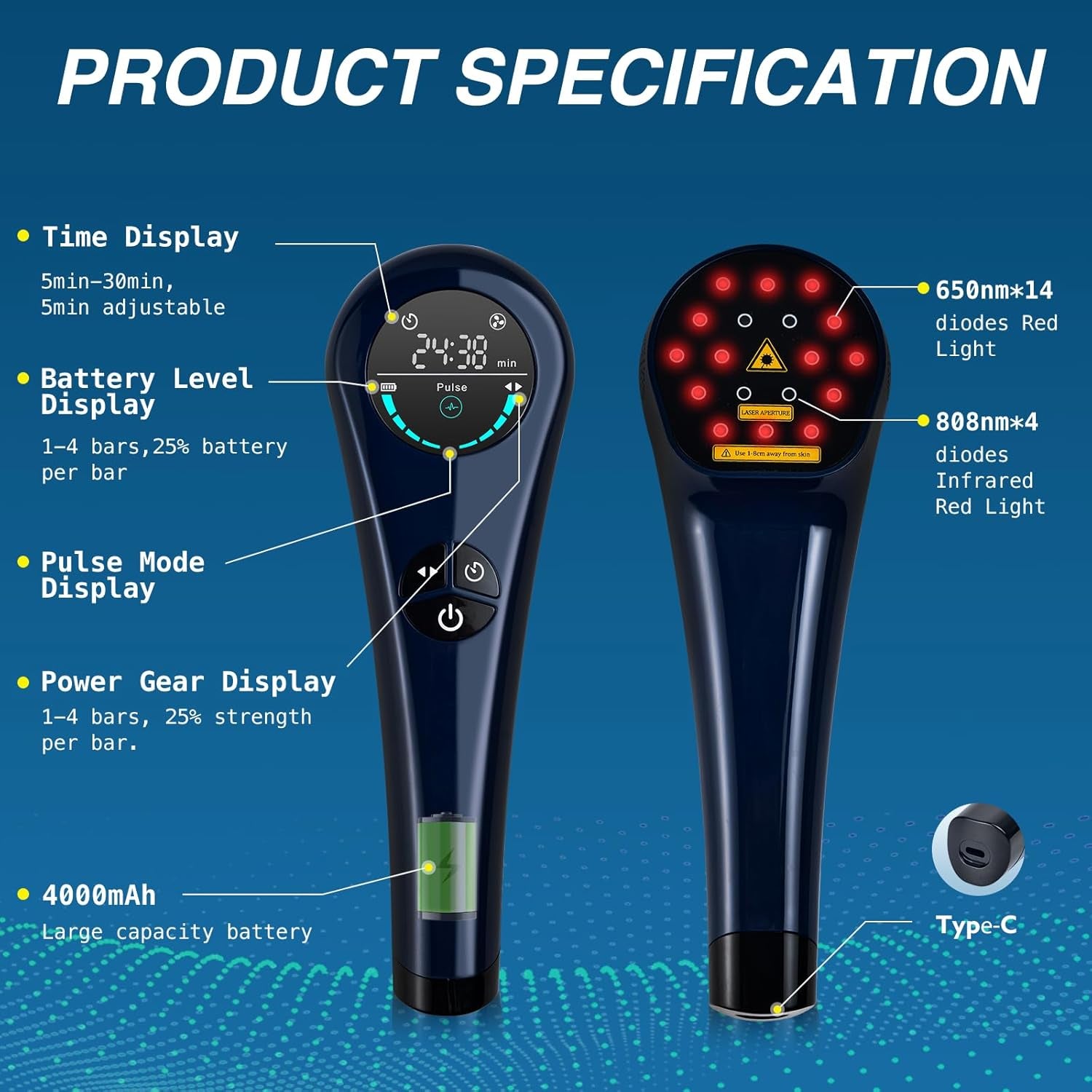 Cold Laser Therapy Device, Portable Handheld Red Light Therapy for Joint and Muscle Pain Relief, Wound Healing, Dual Wavelenghth (4X808Nm+14X650Nm) with Adjustable Timer and Intensity