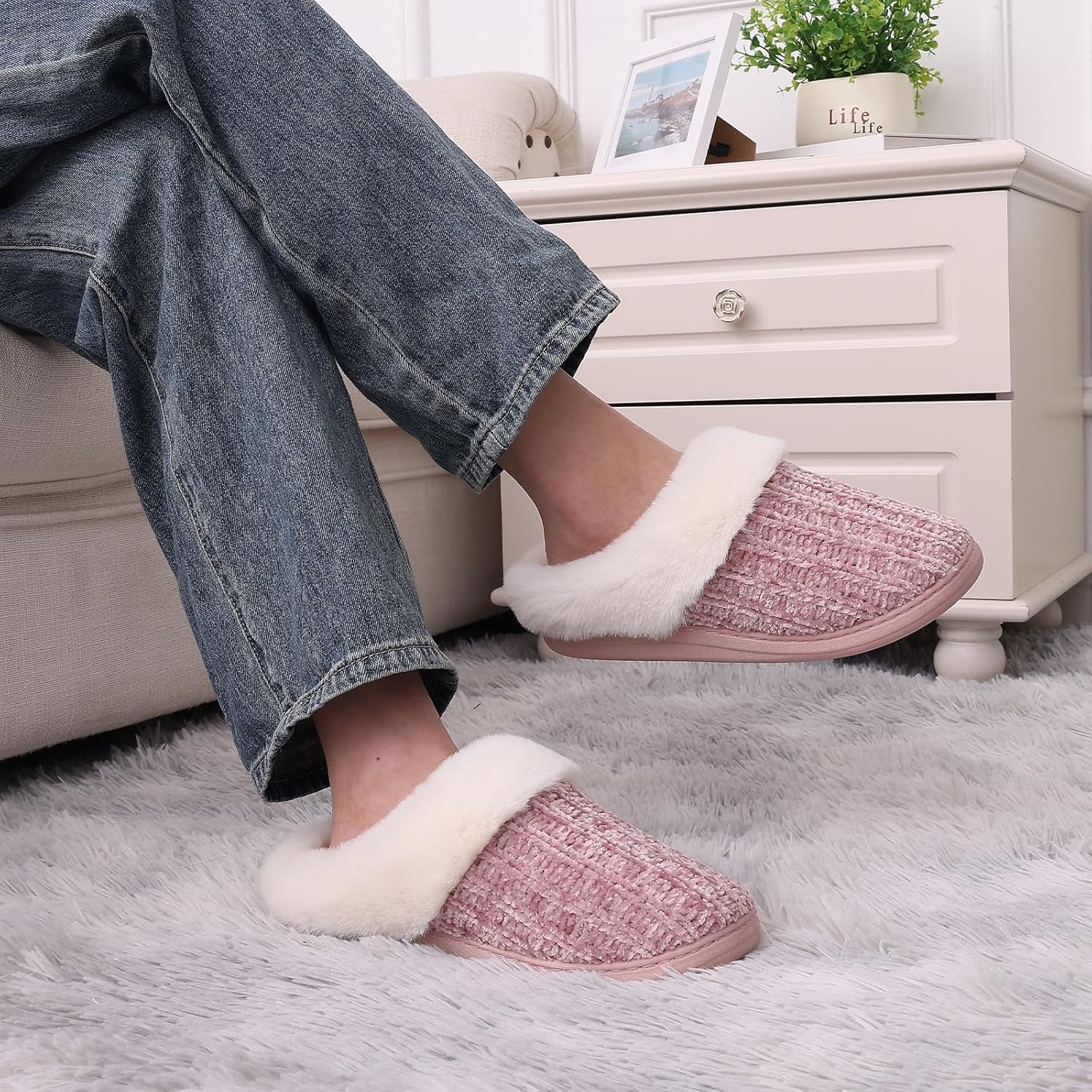 Women's Cozy Knit House Slippers with Fleece Lining, Memory Foam, and Versatile Indoor/Outdoor Soles