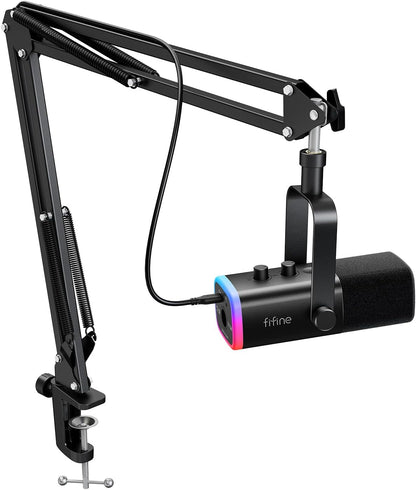 Gaming XLR/USB Microphone Kit, Streaming Dynamic Mic Set for PC, Computer Mic for Vocal Podcast Recording Voiceover, with Headphones Jack, Gain Knob, Arm Stand-Ampligame AM8T White
