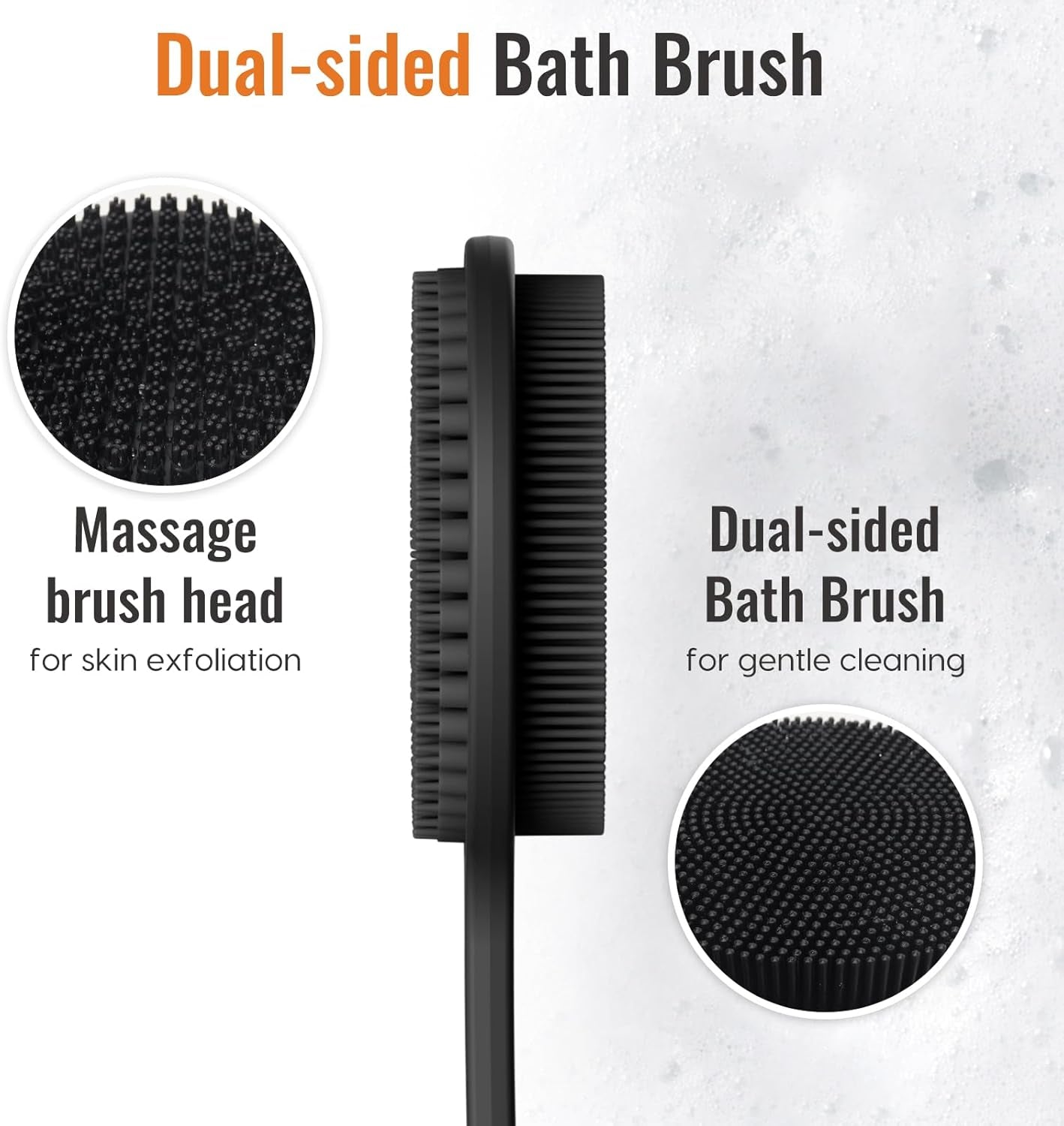 Silicone Back Scrubber for Shower -17In Long Handle Body Brush, Double Sided Shower Brush for Exfoliating and Massage Long Handle