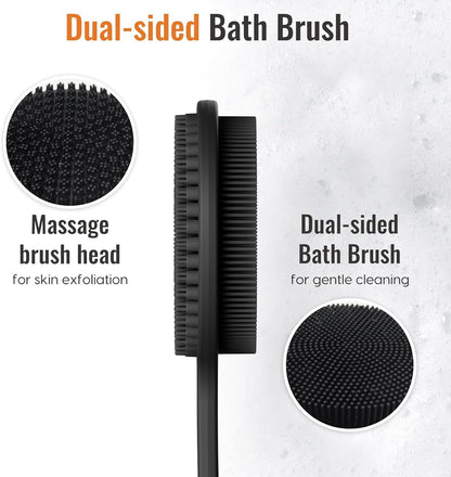 Silicone Back Scrubber for Shower -17In Long Handle Body Brush, Double Sided Shower Brush for Exfoliating and Massage Long Handle