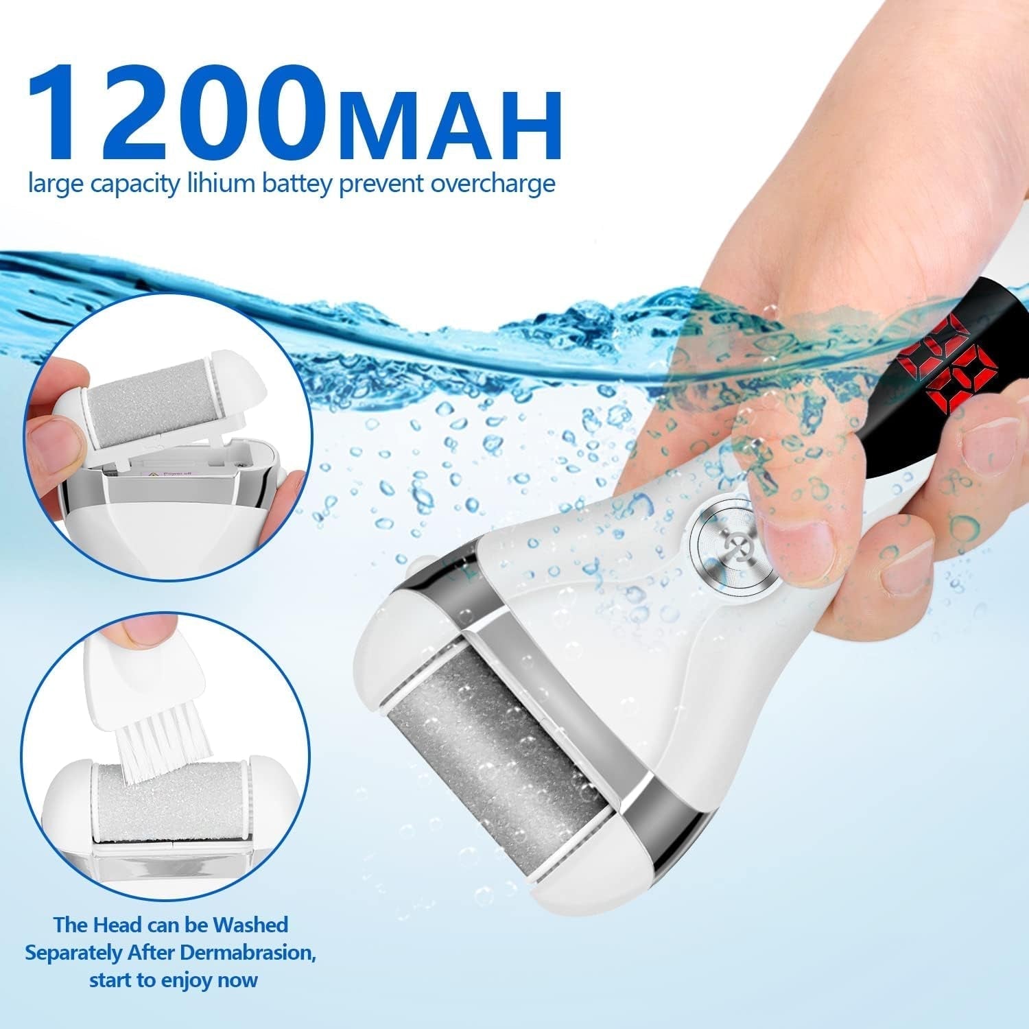 Rechargeable Callous Removers 3 Grinding Heads- Electric Foot Callus Remover Kit, Portable Waterproof Foot File, Pedicure Tools Feet Care, Hard Cracked Dry Skin