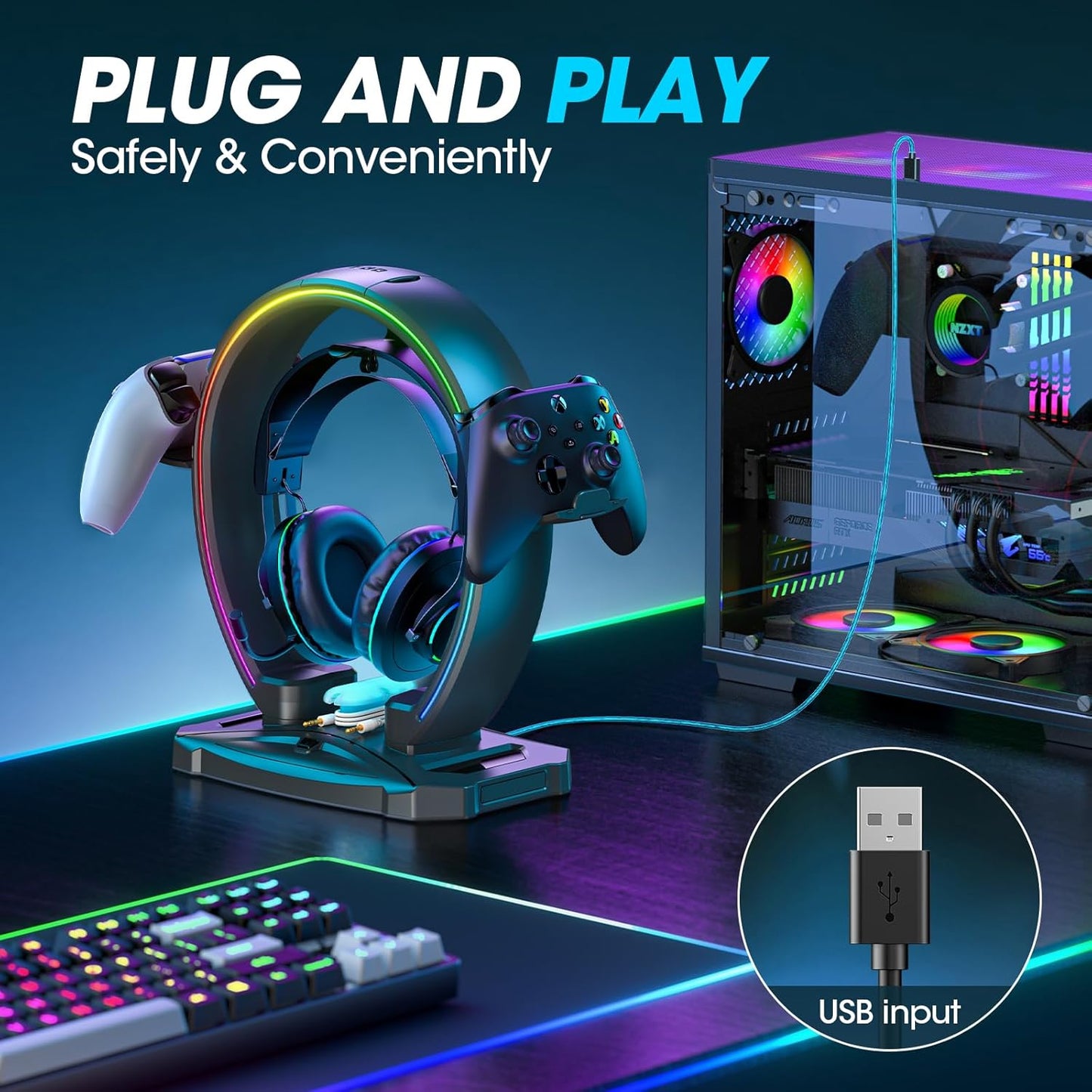RGB Headphone & Controller Stand with 9 Light Modes - Foldable Controller Hanger for Desk - Earphone Stand with Cable Organizer - for Gamers Desktop Accessories