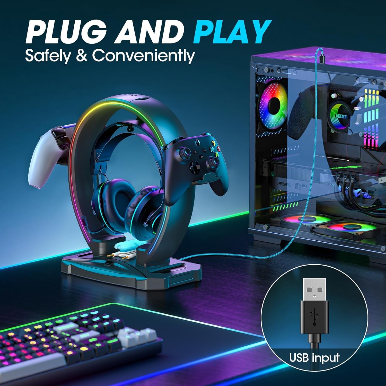 RGB Headphone & Controller Stand with 9 Light Modes - Foldable Controller Hanger for Desk - Earphone Stand with Cable Organizer - for Gamers Desktop Accessories