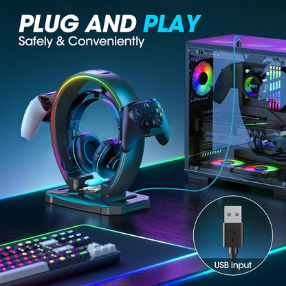 RGB Headphone & Controller Stand with 9 Light Modes - Foldable Controller Hanger for Desk - Earphone Stand with Cable Organizer - for Gamers Desktop Accessories