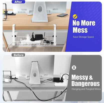 Under Desk Cable Management Tray 2 Pack,  Wire Management No Drill No Screws, Cable Tray with Clamp for Desk Wire Management, Computer Cable Rack for Office, Home - No Damage to Desk White