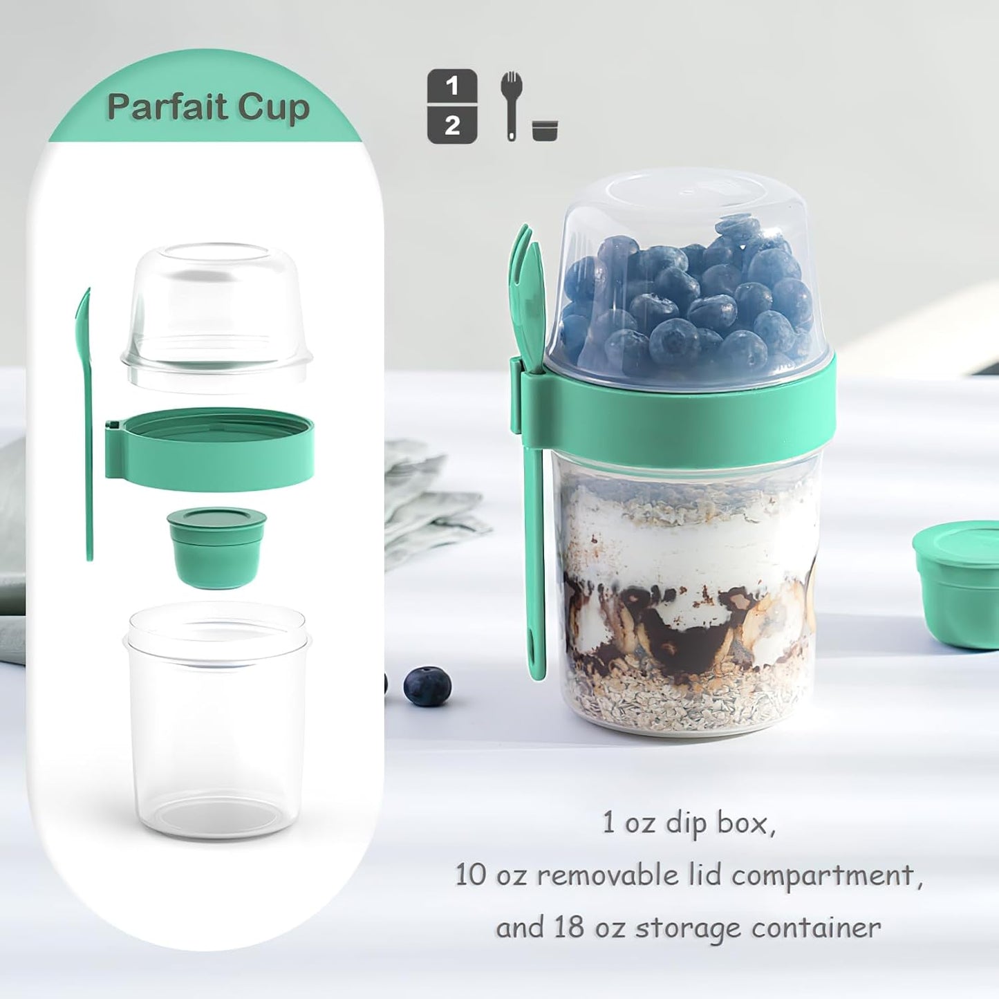 3 Pack 18 Oz Overnight Oats Containers to Go, Large Yogurt Parfait Cups with Lid, Spork (Spoon-Fork Hybrid) & Topping Compartment, Reusable Leak-Proof Adult Meal Prep Containers