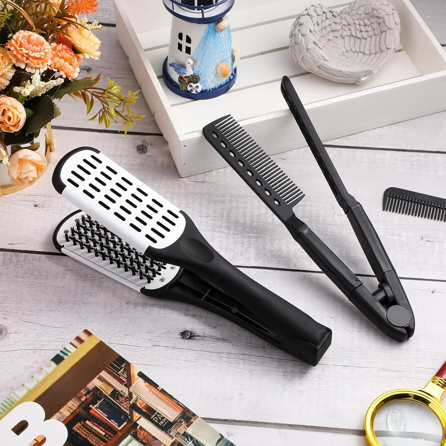 2 Pcs Boar Bristle Brushes - Double Sided Clamp Brush and Flat Iron Comb for Straightening Knotty, Unkempt Hair (Black White, Black)