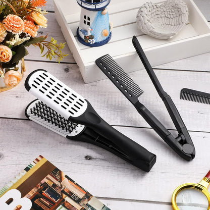 2 Pcs Boar Bristle Brushes - Double Sided Clamp Brush and Flat Iron Comb for Straightening Knotty, Unkempt Hair (Black White, Black)