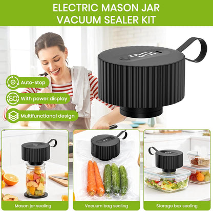 2025 Upgrade 3-In-1 Electric Mason Jar Vacuum Sealer Kit，One-Touch Electric Sealing， for Wide-Mouth Regular-Mouth Mason Jars, Portable Vacuum Sealer for Jars, Gifts for Mom, Grandma (Black)