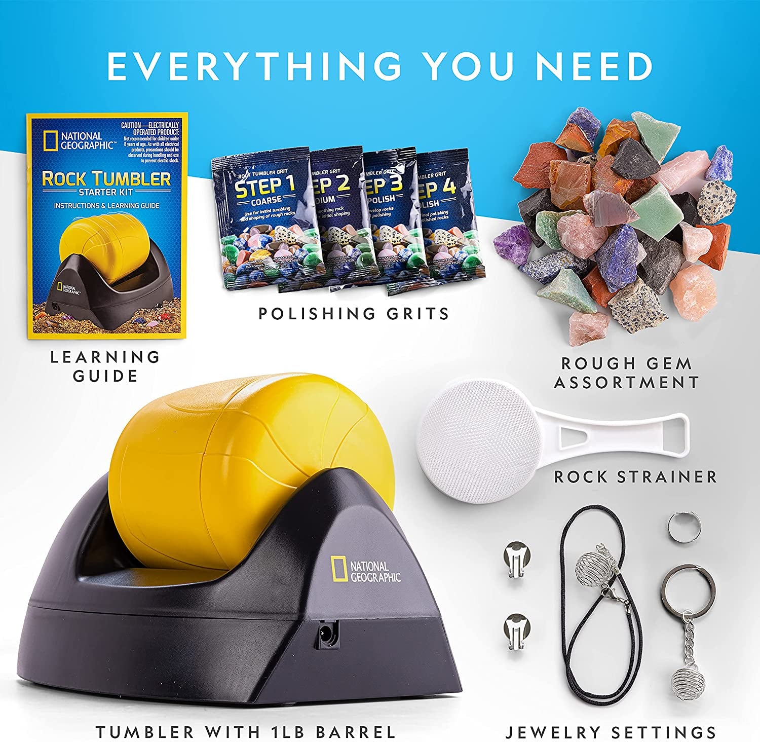 NATIONAL GEOGRAPHIC Starter Rock Tumbler Kit - Includes Rough Gemstones, 4-Stage Silicon Carbide Polishing Grit, Jewellery Fastenings & Learning Guide - STEM Science Kit for Geology Enthusiasts