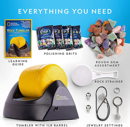NATIONAL GEOGRAPHIC Starter Rock Tumbler Kit - Includes Rough Gemstones, 4-Stage Silicon Carbide Polishing Grit, Jewellery Fastenings & Learning Guide - STEM Science Kit for Geology Enthusiasts