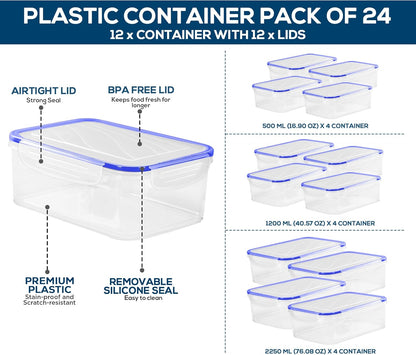 24 Pack Plastic Food Storage Container Set - Transparent Bpa-Free Airtight Containers with Leak-Proof Lids for Meal Prep, Freezer, and Lunch Storage - Durable and Reusable (Blue)