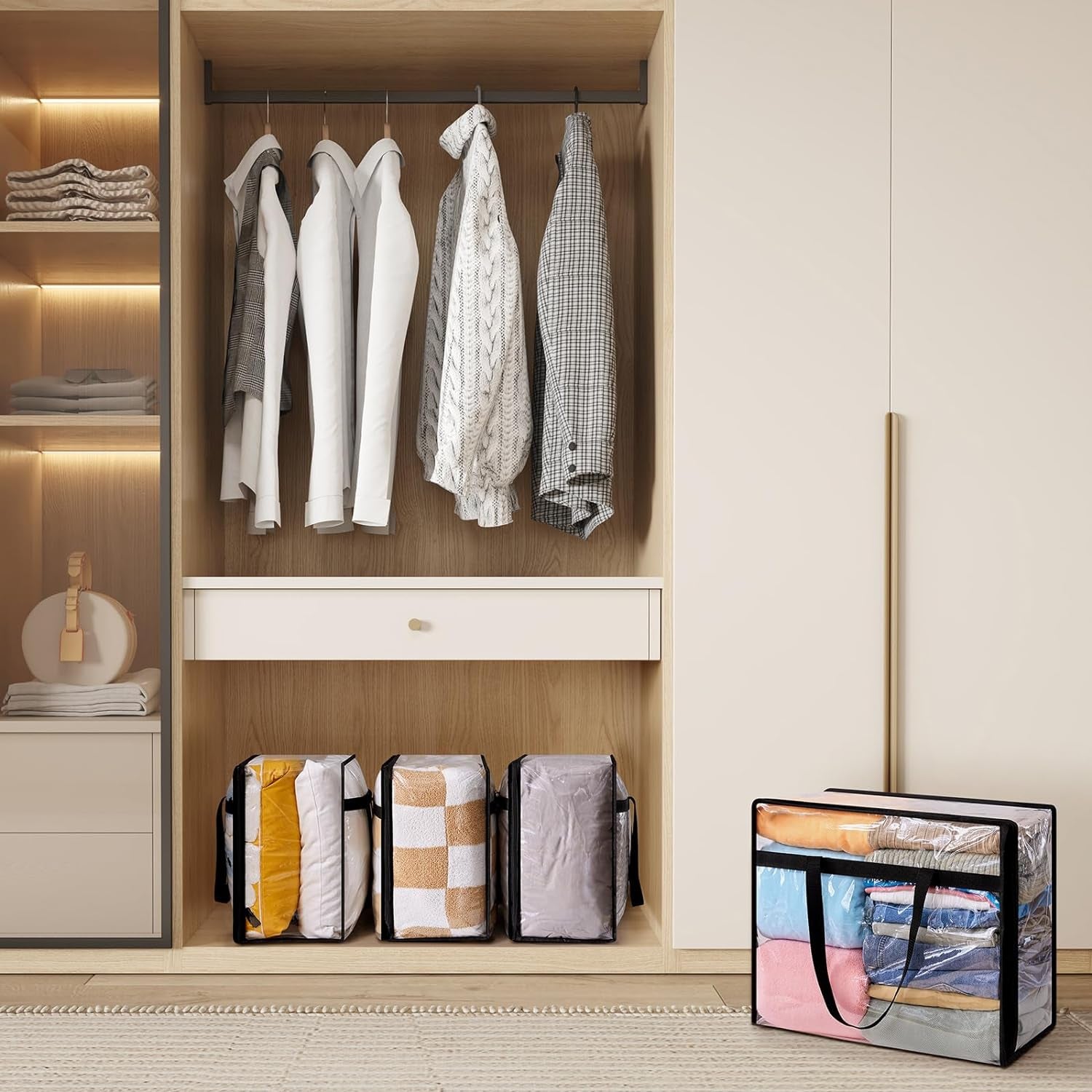 3 Pack Clear Clothes Storage Bags, 75L Large Plastic Blanket Storage, Vinyl Foldable Moving Bags with Zipper, Closet Organizers Containers for Comforter, Bedding, Duvet, Pillow