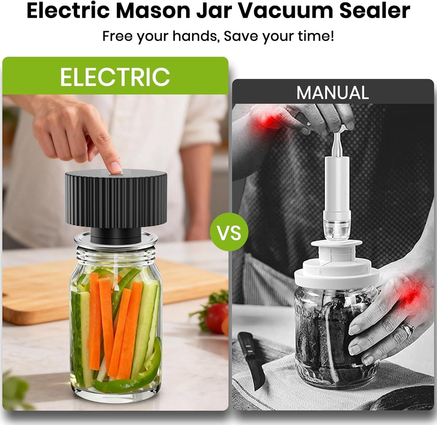 2025 Upgrade 3-In-1 Electric Mason Jar Vacuum Sealer Kit，One-Touch Electric Sealing， for Wide-Mouth Regular-Mouth Mason Jars, Portable Vacuum Sealer for Jars, Gifts for Mom, Grandma (Black)