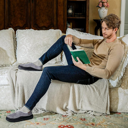 Men's Suede Moccasin Slippers with Memory Foam and Fuzzy Sherpa Lining