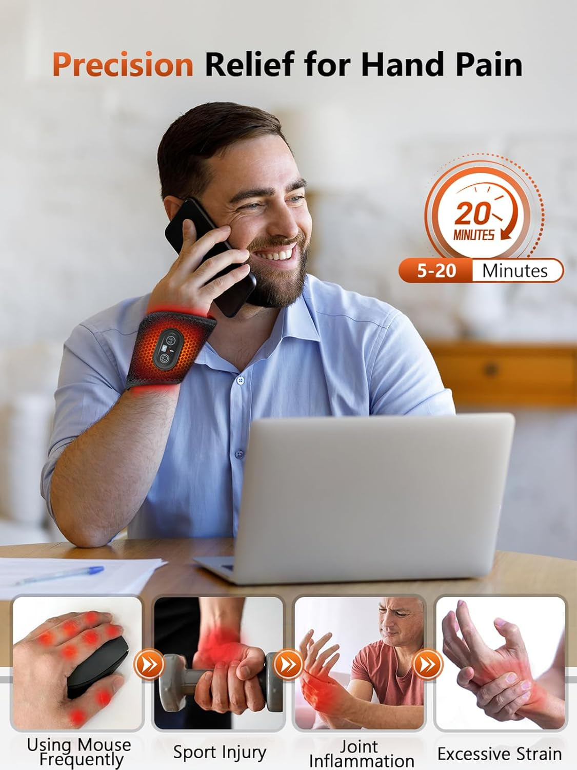 Red Light Therapy for Hands Wrist with Heat & Massage, 3000Mah Wireless Controller, Wearable near Infrared & Red Light Wrist Wrap with 36 Beads for Faster Recovery & Hand Pain Relief