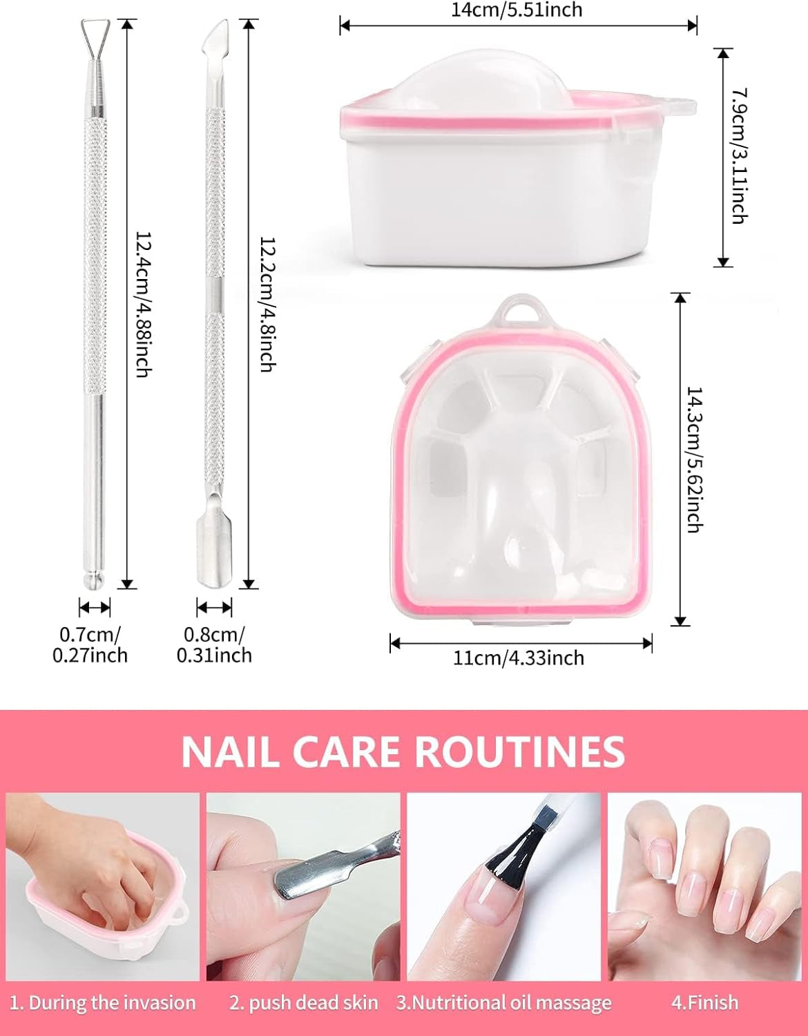 Nail Soaking Bowl Set - Gel Polish and Dip Powder Remover with Triangle Cuticle Peeler and Stainless Steel Cuticle Pusher (Pink)