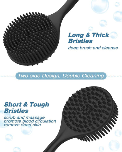 3-Piece Silicone Body Care Set: Thick Bristle Back Scrubber, Bath Glove, and Face Brush with Free Hook (Black)