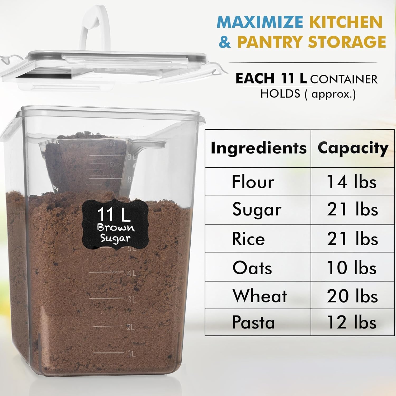 2 PC (11L | 372 Oz) Flour Sugar Storage Containers with Easy Carry Handle - Plastic Extra Large Food Storage Containers with Lids, BPA Free Airtight Kitchen Canister Set for Rice, Cereal & Pasta
