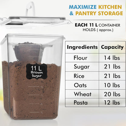 2 PC (11L | 372 Oz) Flour Sugar Storage Containers with Easy Carry Handle - Plastic Extra Large Food Storage Containers with Lids, BPA Free Airtight Kitchen Canister Set for Rice, Cereal & Pasta