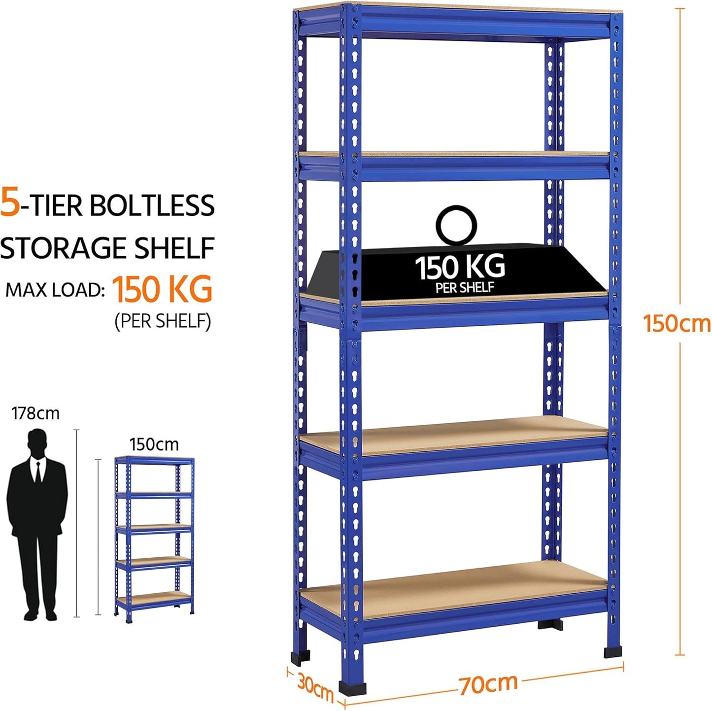 5-Tier Industrial Storage Rack, Heavy Duty Garage Shelving Units, Blue, 70 X 30 X 150 Cm