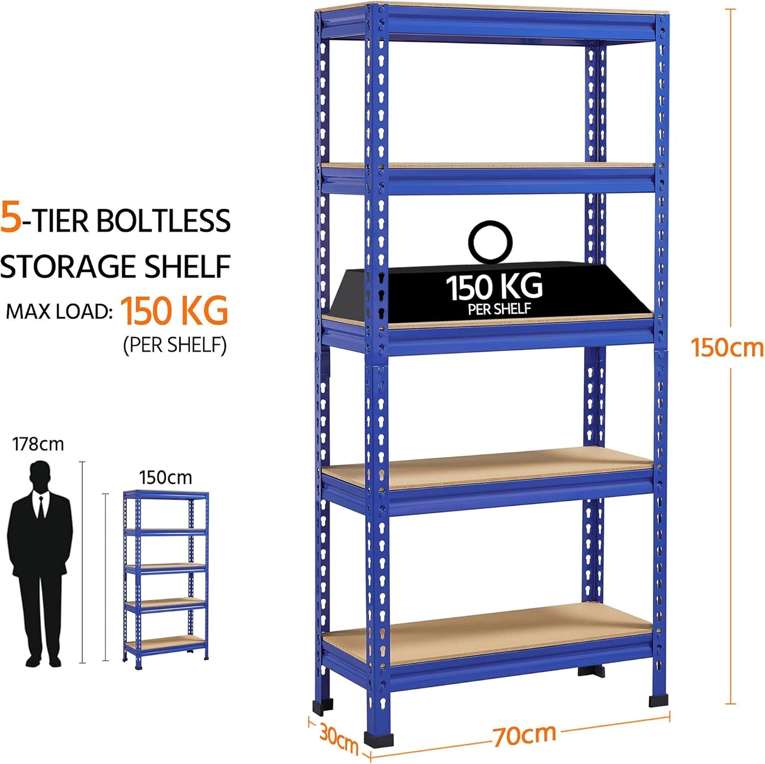 5-Tier Industrial Storage Rack, Heavy Duty Garage Shelving Units, Blue, 70 X 30 X 150 Cm