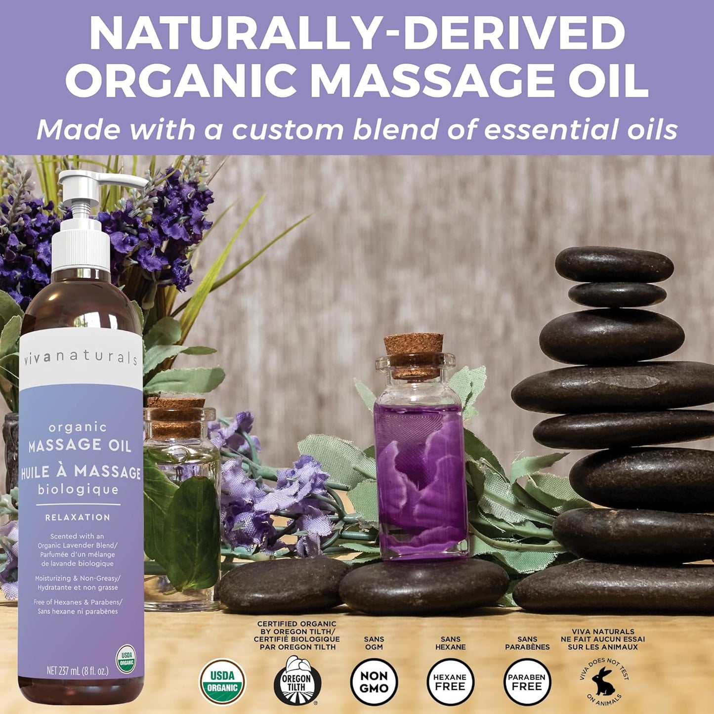 Organic Lavender Massage Oil (8 Fl. Oz.) - Mess-Free Pump, Non-GMO and Certified Organic, 237 Ml