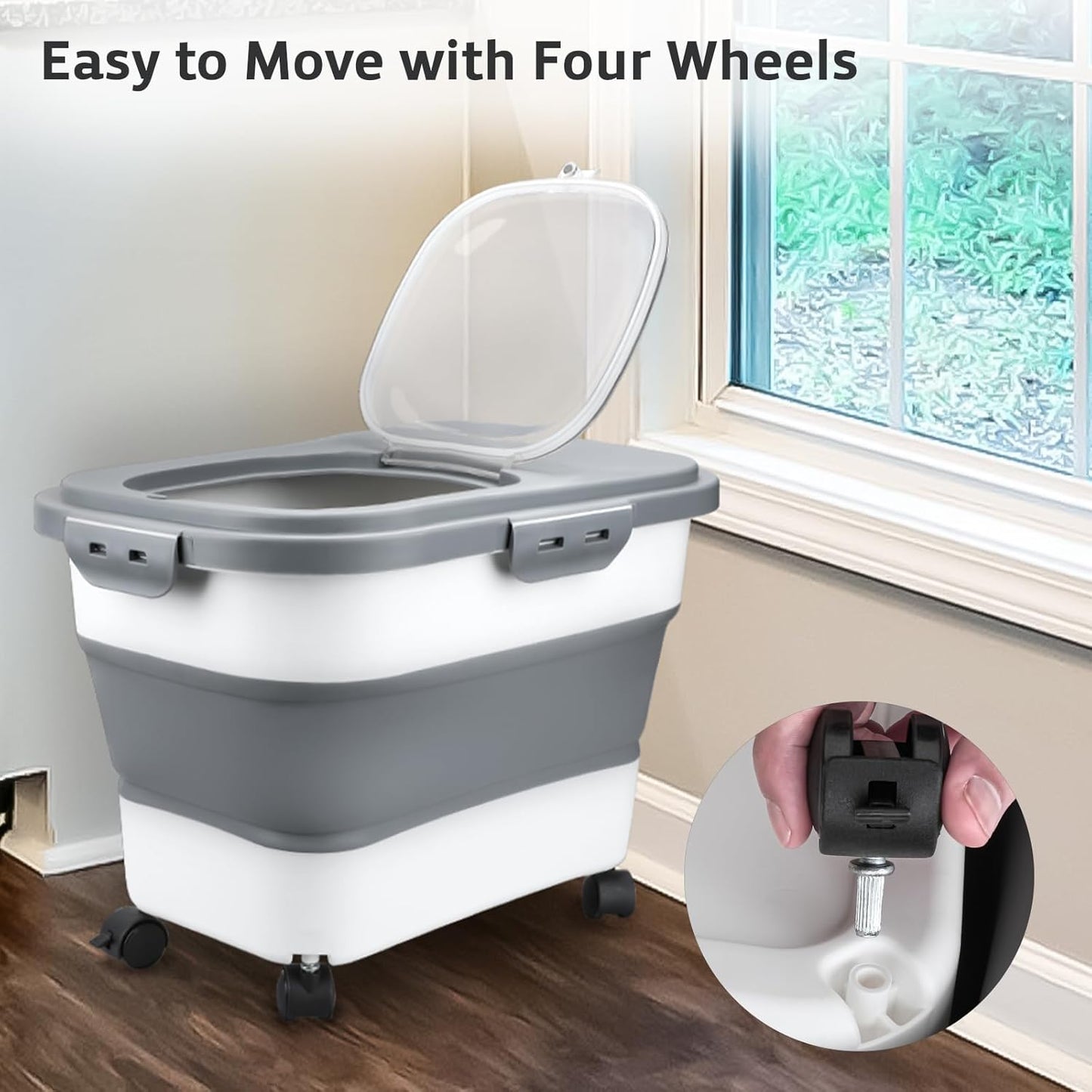 Rice Storage Containers, Collapsible 10 to 30Lbs Food Storage Bin Dispenser with Rolling Wheel and Clear Airtight Lid, BPA Free Flour, Sugar, Cereal and Dog Cat Pet Food Containers