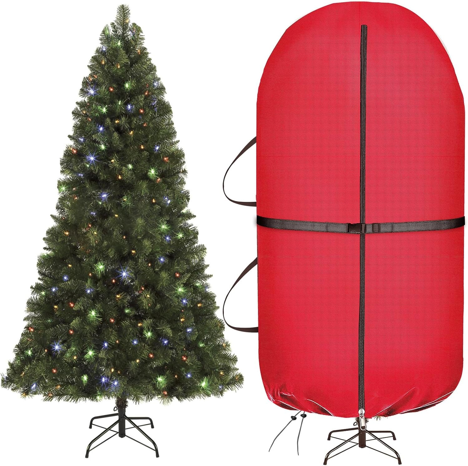 Upright Christmas Tree Storage Bag with Adjustable Straps, Christmas Tree Cover with Zipper Drawstring for 7.5 Foot Artificial Tree Standing with Ornaments, Dustproof