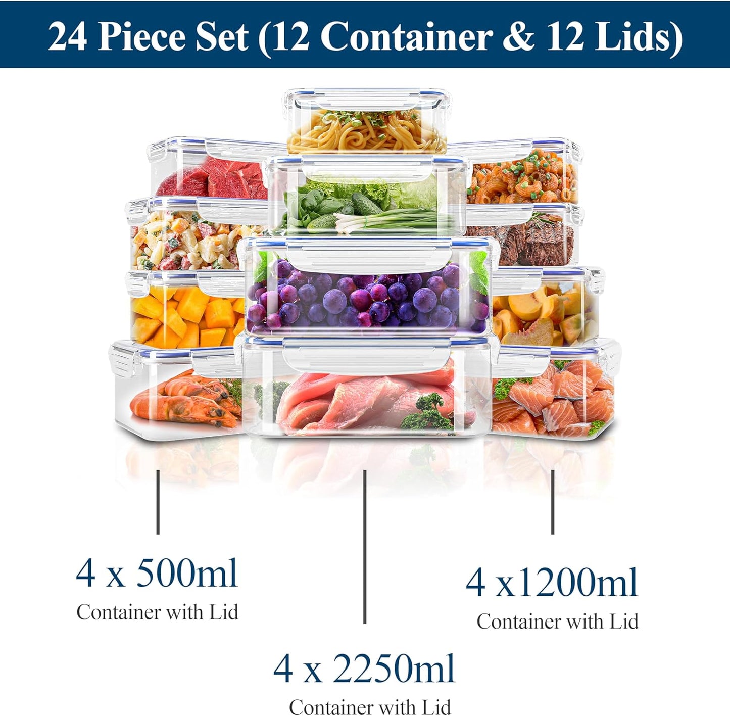 24 Pack Plastic Food Storage Container Set - Transparent Bpa-Free Airtight Containers with Leak-Proof Lids for Meal Prep, Freezer, and Lunch Storage - Durable and Reusable (Blue)