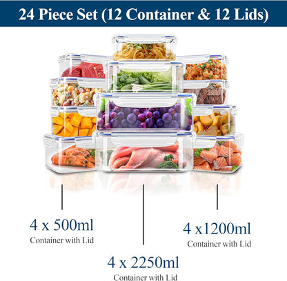 24 Pack Plastic Food Storage Container Set - Transparent Bpa-Free Airtight Containers with Leak-Proof Lids for Meal Prep, Freezer, and Lunch Storage - Durable and Reusable (Blue)