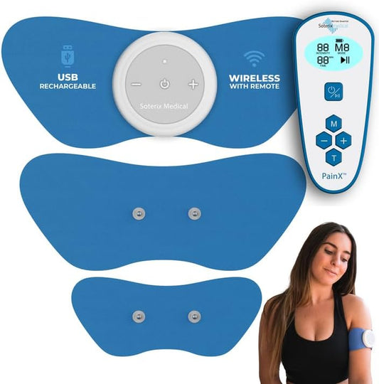 Painx TENS Wireless Tens Unit Muscle Stimulator with EMS - FSA Tens Unit for Back Pain, Knee, Neck and Face with USB Rechargeable Device and Remote, Designed in USA, 4 Electrode Pads
